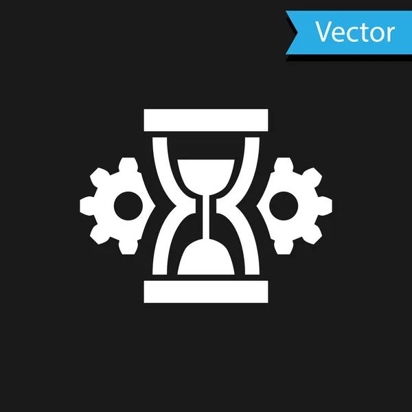 Weiße Sanduhr und Getriebesymbol isoliert auf schwarzem Hintergrund. Zeitmanagement-Symbol. Uhr und Getriebesymbol. Produktivitätssymbol. Vektorillustration — Stockvektor