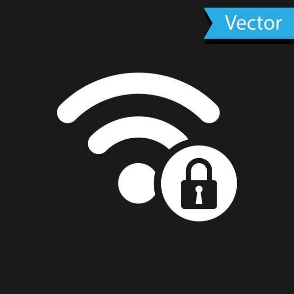 Icono de signo bloqueado Wifi blanco aislado sobre fondo negro. Contraseña símbolo Wi-Fi. Icono de red inalámbrica. Zona Wifi. Ilustración vectorial — Vector de stock