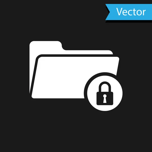 Белая папка и значок блокировки изолированы на чёрном фоне. Закрытая папка и замок. Безопасность, безопасность, концепция защиты. Векторная миграция — стоковый вектор