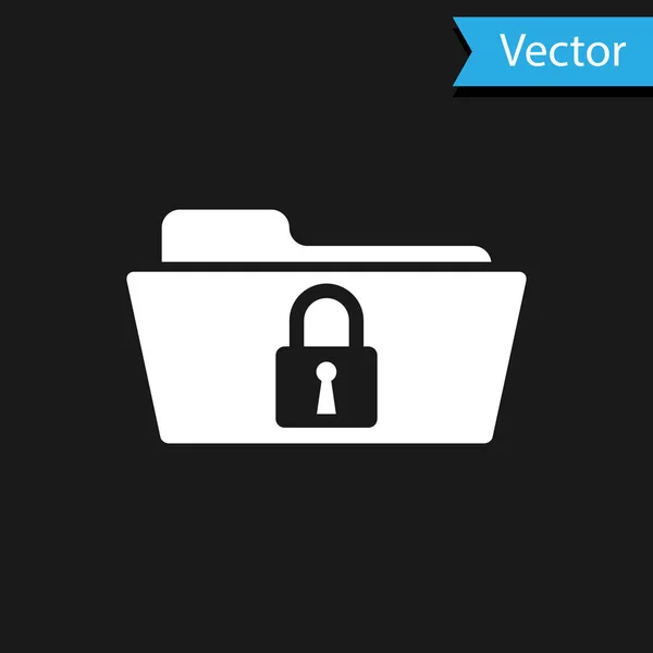 Carpeta blanca e icono de bloqueo aislados sobre fondo negro. Carpeta cerrada y candado. Seguridad, seguridad, concepto de protección. Ilustración vectorial — Vector de stock