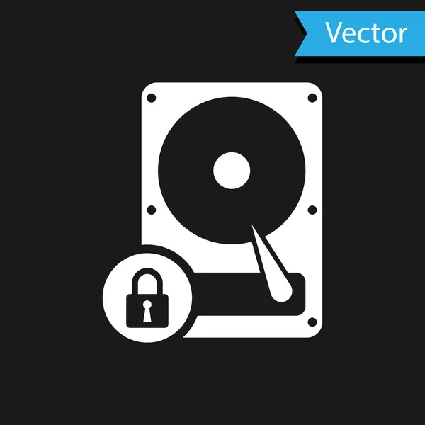 Unidad de disco duro blanco e icono de bloqueo aislado sobre fondo negro. HHD y candado. Seguridad, seguridad, concepto de protección. Ilustración vectorial — Vector de stock