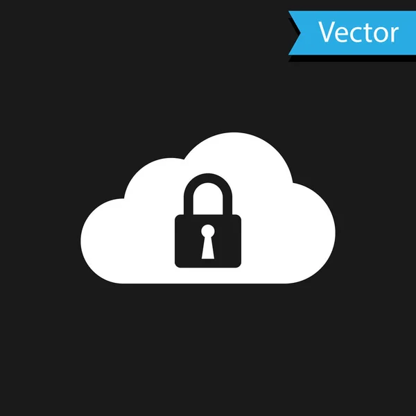 Icono de bloqueo de computación de nube blanca aislado sobre fondo negro. Seguridad, seguridad, concepto de protección. Ilustración vectorial — Archivo Imágenes Vectoriales