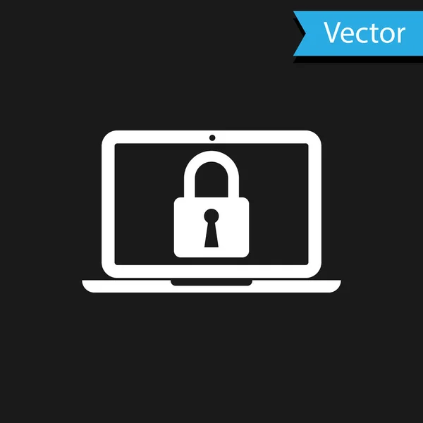 Blanco Laptop y bloqueo icono aislado sobre fondo negro. Computadora y candado. Seguridad, seguridad, concepto de protección. Interred segura. Ilustración vectorial — Vector de stock