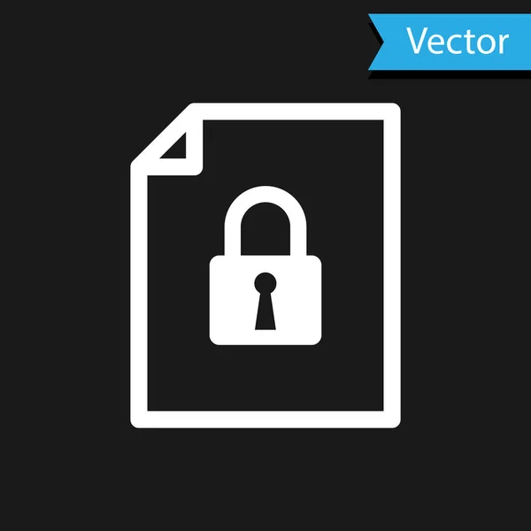 Documento blanco e icono de bloqueo aislado sobre fondo negro. Formato de archivo y candado. Seguridad, seguridad, concepto de protección. Ilustración vectorial — Vector de stock