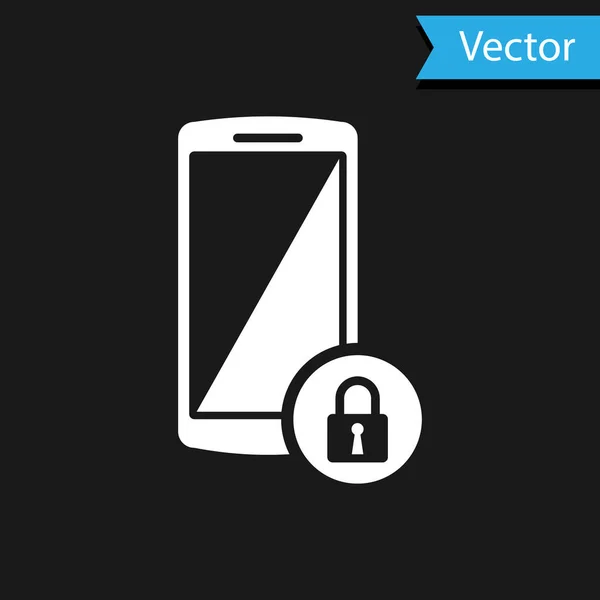 Vit Smartphone med stängd hänglås ikon isolerad på svart bakgrund. Telefon med lås. Mobilsäkerhet, säkerhet, skyddskoncept. Vektor Illustration — Stock vektor