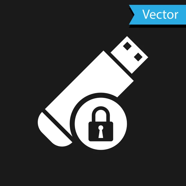 Weiße USB-Stick mit geschlossenen Vorhängeschloss-Symbol isoliert auf schwarzem Hintergrund. Sicherheit, Sicherheit, Schutzkonzept. Vektorillustration — Stockvektor