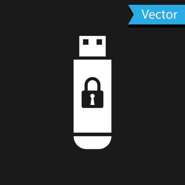 Unidad flash USB blanca con icono de candado cerrado aislado sobre fondo negro. Seguridad, seguridad, concepto de protección. Ilustración vectorial — Vector de stock