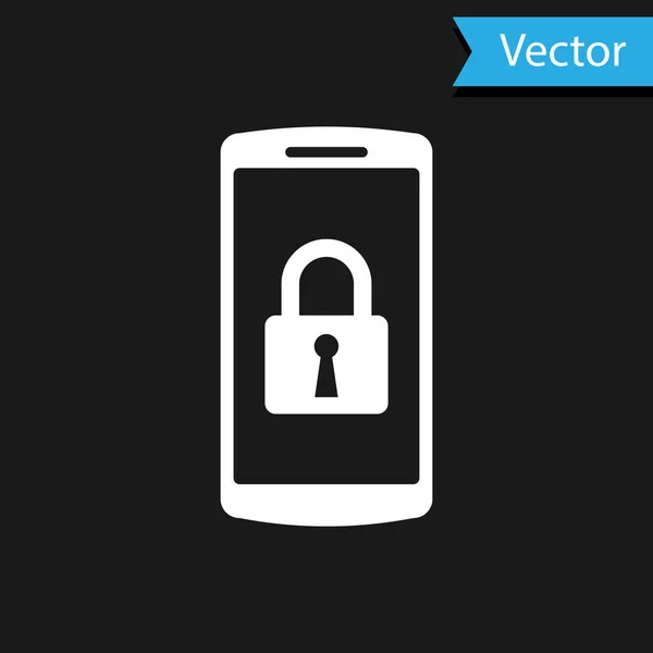 Smartphone blanco con icono de candado cerrado aislado sobre fondo negro. Teléfono con llave. Seguridad móvil, seguridad, concepto de protección. Ilustración vectorial — Archivo Imágenes Vectoriales