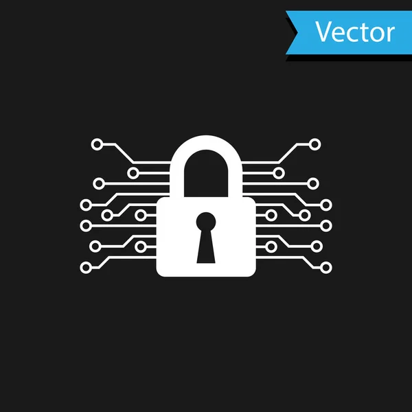 Bílé Cyber bezpečnostní ikona izolované na černém pozadí. Uzavřený zámek na desce digitálních obvodů. Bezpečnostní koncepce. Digitální ochrana údajů. Vektorová ilustrace — Stockový vektor
