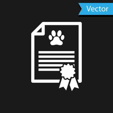 Siyah arka planda kedi ya da köpek ikonu olan beyaz tıbbi sertifika. Evcil hayvan için belge. Köpek ya da kedi pençesi izi. Vektör İllüstrasyonu