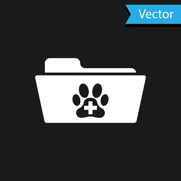 Icono de la carpeta de registro veterinario médico blanco aislado sobre fondo negro. Huella de pata de perro o gato. Documento para mascotas. Icono del archivo del paciente. Ilustración vectorial — Vector de stock