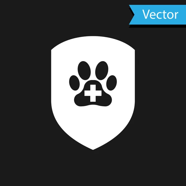 Icono del seguro de salud White Animal aislado sobre fondo negro. Icono de protección para mascotas. Huella de pata de perro o gato. Ilustración vectorial — Vector de stock