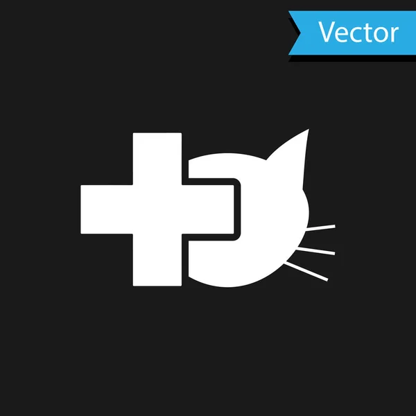 Weißes Symbol der Tierklinik isoliert auf schwarzem Hintergrund. Kreuzung mit tierärztlicher Betreuung für Katzen. Haustier-Erste-Hilfe-Schild. Vektorillustration — Stockvektor