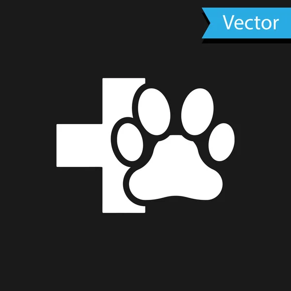 Icono símbolo de la clínica veterinaria blanca aislado sobre fondo negro. Cruz de la señal del hospital. Un perro o gato estilizado con estampado de pata. Signo de primeros auxilios. Ilustración vectorial — Vector de stock