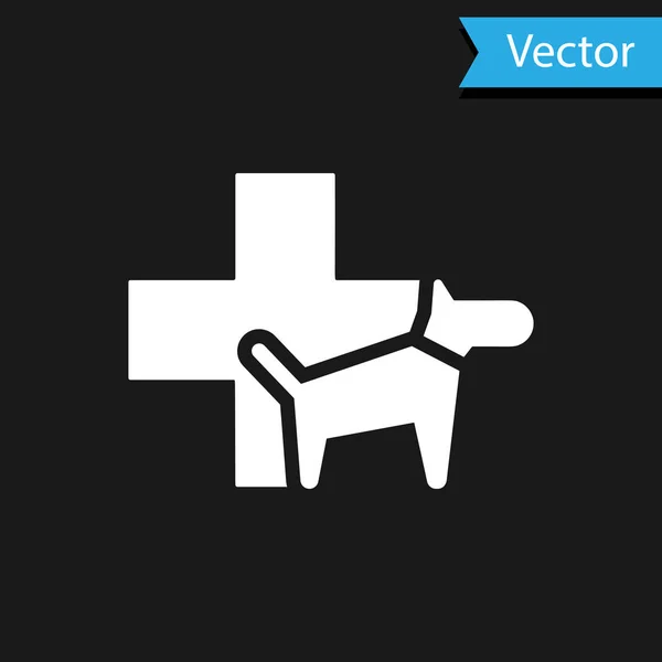Icono símbolo de la clínica veterinaria blanca aislado sobre fondo negro. Cruza con la atención veterinaria del perro. Signo de primeros auxilios. Ilustración vectorial — Vector de stock