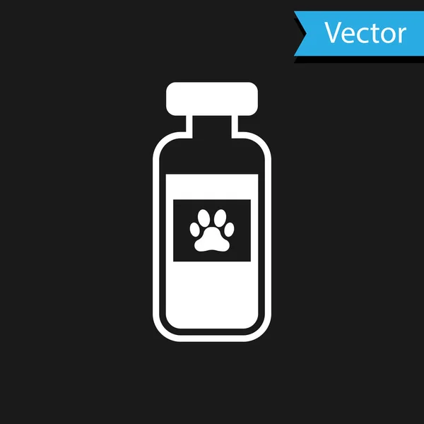 Icône médicale du flacon Animaux blancs isolé sur fond noir. Médicaments sur ordonnance pour animaux. Illustration vectorielle — Image vectorielle