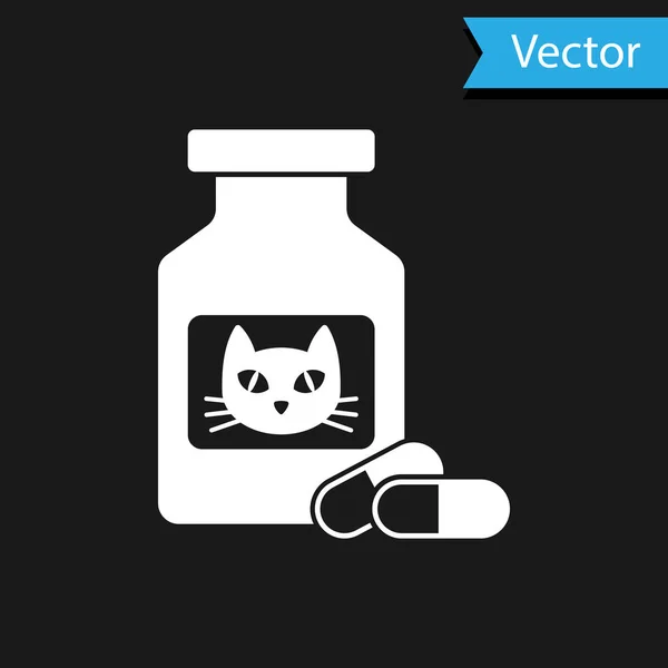 Frasco de remédio gato branco e comprimidos ícone isolado no fundo preto. Recipiente com comprimidos. Medicamento prescrito para animais. Ilustração vetorial — Vetor de Stock