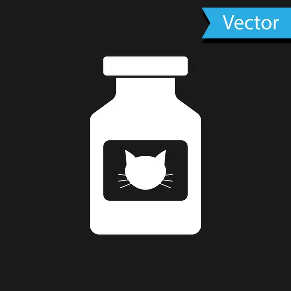 Ícone frasco de remédio gato branco isolado no fundo preto. Recipiente com comprimidos. Medicamento prescrito para animais. Ilustração vetorial — Vetor de Stock