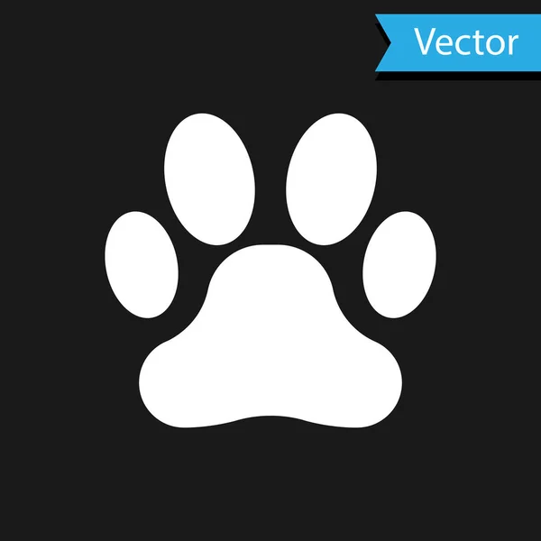 White Paw print icon isolated on black background. Dog or cat paw print. Animal track. Vector Illustration — Stock Vector
