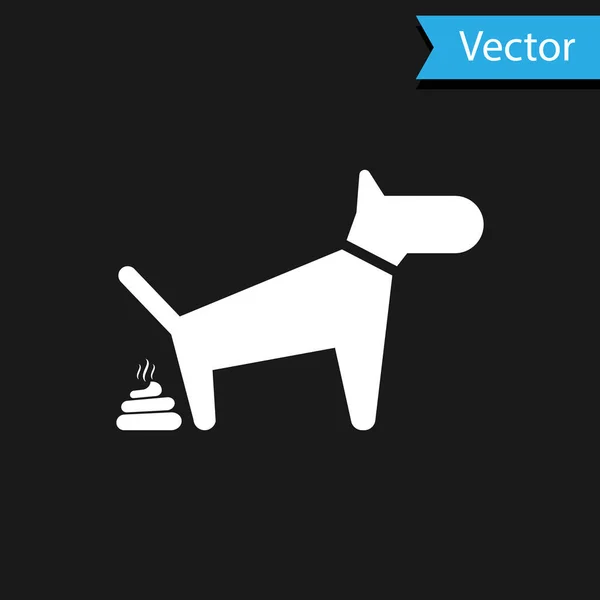 White Dog icono de caca aislado sobre fondo negro. El perro va al baño. El perro defeca. El concepto de lugar para caminar mascotas. Ilustración vectorial — Vector de stock