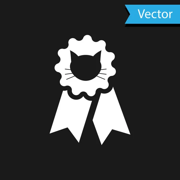 Ícone de símbolo de prêmio White Cat isolado no fundo preto. Medalha com pegada de gato como conceito vencedor da exposição de animais de estimação. Ilustração vetorial — Vetor de Stock