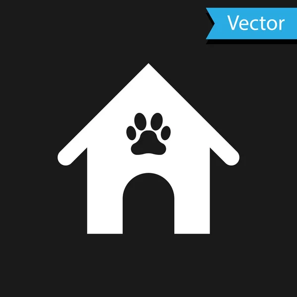 Casa de perro blanco e icono de mascota de impresión de pata aislado sobre fondo negro. Una perrera. Ilustración vectorial — Vector de stock