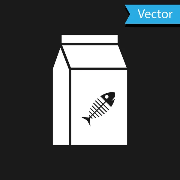 Bolsa blanca de comida para gato icono aislado sobre fondo negro. Signo de esqueleto de pez. Comida para animales. Paquete de alimentos para mascotas. Ilustración vectorial — Vector de stock