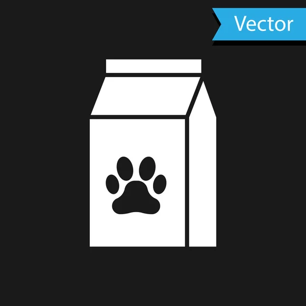 Saco branco de comida para o ícone do animal de estimação isolado no fundo preto. Comida para animais. Pacote de alimentos para animais. Impressão de pata de cão ou gato. Ilustração vetorial — Vetor de Stock