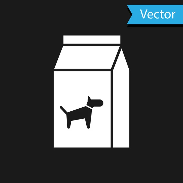 Saco branco de comida para o ícone do cão isolado no fundo preto. Comida para animais. Pacote de alimentos para animais. Ilustração vetorial — Vetor de Stock