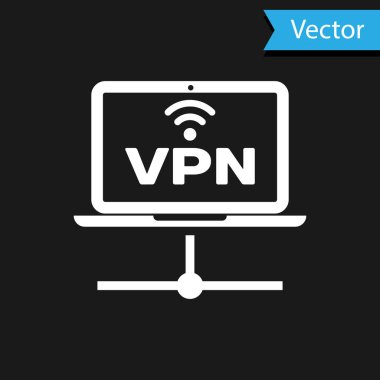 Siyah arkaplanda beyaz Vpn Bilgisayar ağı simgesi izole edildi. Laptop ağı. İnternet bağlantısı. Vektör İllüstrasyonu