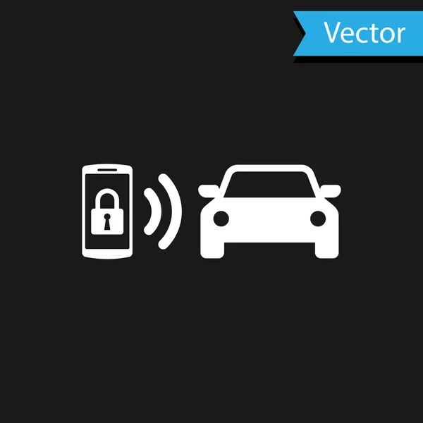 Weißes Symbol für die Alarmanlage eines Smart-Autos auf schwarzem Hintergrund. Das Smartphone steuert die Fahrzeugsicherheit per Funk. Vektorillustration — Stockvektor