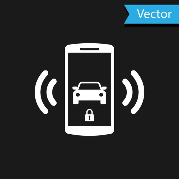 Icono del sistema de alarma White Smart coche aislado sobre fondo negro. El teléfono inteligente controla la seguridad del coche en el inalámbrico. Ilustración vectorial — Vector de stock
