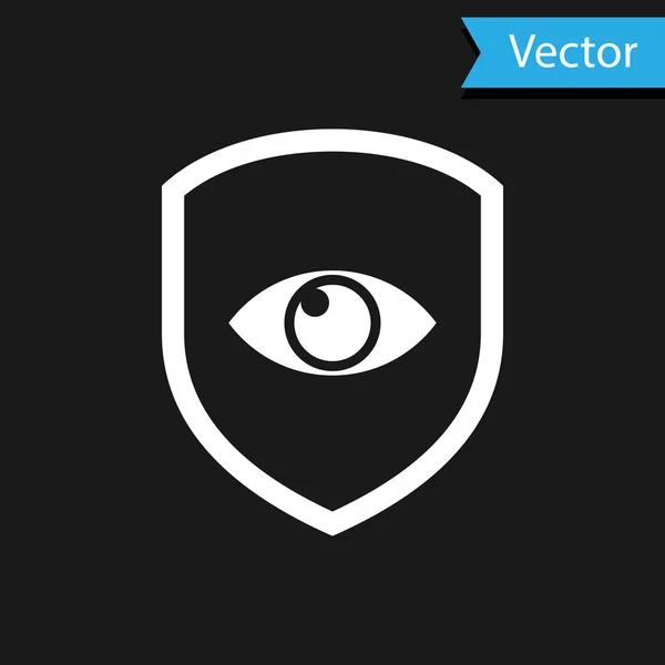 Escudo blanco e icono del ojo aislado sobre fondo negro. Seguridad, seguridad, protección, concepto de privacidad. Ilustración vectorial — Vector de stock