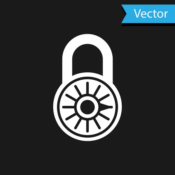 Bílá Bezpečná kombinace zámek ikona kola izolované na černém pozadí. Kombinovaný visací zámek. Zabezpečení, bezpečnost, ochrana, heslo, ochrana soukromí. Vektorová ilustrace — Stockový vektor