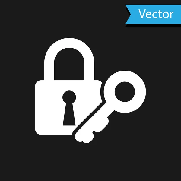 Cerradura blanca e icono de la llave aislados sobre fondo negro. Señal de candado. Seguridad, seguridad, protección, concepto de privacidad. Ilustración vectorial — Vector de stock