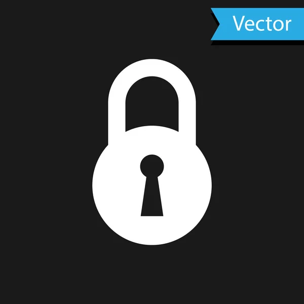 Icono de bloqueo blanco aislado sobre fondo negro. Señal de candado. Seguridad, seguridad, protección, concepto de privacidad. Ilustración vectorial — Vector de stock