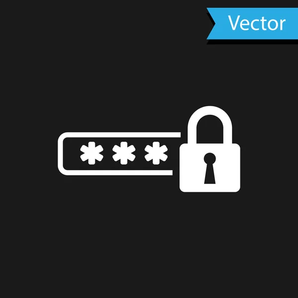 Białe hasło ochrony i bezpieczeństwa ikona dostępu izolowane na czarnym tle. Zamknąć ikonę. Bezpieczeństwo, ochrona, koncepcja prywatności. Ilustracja wektora — Wektor stockowy