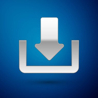 Mavi arka planda yalıtılmış Gümüş İndir simgesi. Yükle düğmesi. Yük sembolü. Ok noktası aşağıya doğru. Vektör İllüstrasyonu