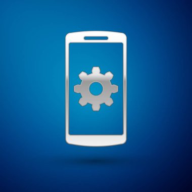Mavi arka plandaki akıllı telefon ekran simgesinde Gümüş Ayarı. Cep telefonu ve vites işareti. Uygulamayı ayarlama, seçenekleri ayarlama, onarım, telefon kavramlarını düzeltme. Vektör İllüstrasyonu