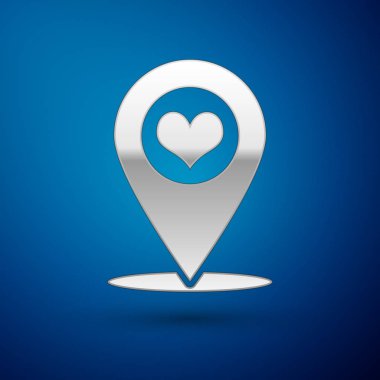 Mavi arka planda izole kalp simgesi ile gümüş harita işaretçisi. Vektör Illustration