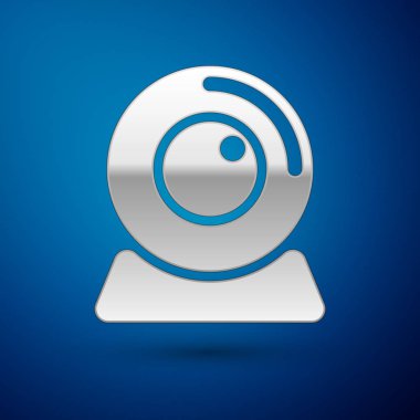 Mavi arka planda yalıtılmış Gümüş Web kamera simgesi. Sohbet kamerası. Web kamerası simgesi. Vektör İllüstrasyonu