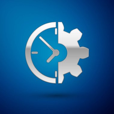 Gümüş Saat ve dişli simgesi mavi arka plan üzerinde izole. Zaman Yönetimi sembolü. İş konsepti. Vektör İllüstrasyonu