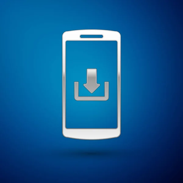 Srebrny smartphone z ikoną pobierania izolowane na niebieskim tle. Ilustracja wektorowa — Wektor stockowy