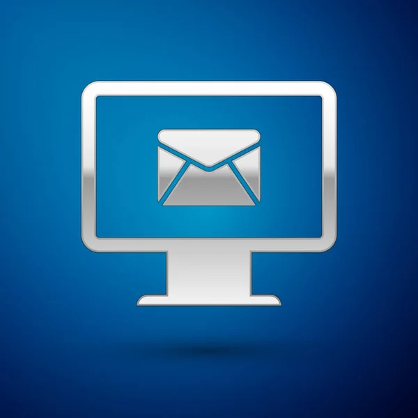 Zilveren computer monitor en envelop, nieuw bericht, mail, e-mail pictogram geïsoleerd op blauwe achtergrond. Gebruik voor e-mail nieuwsbrieven, headers, blogposts. Vector illustratie — Stockvector