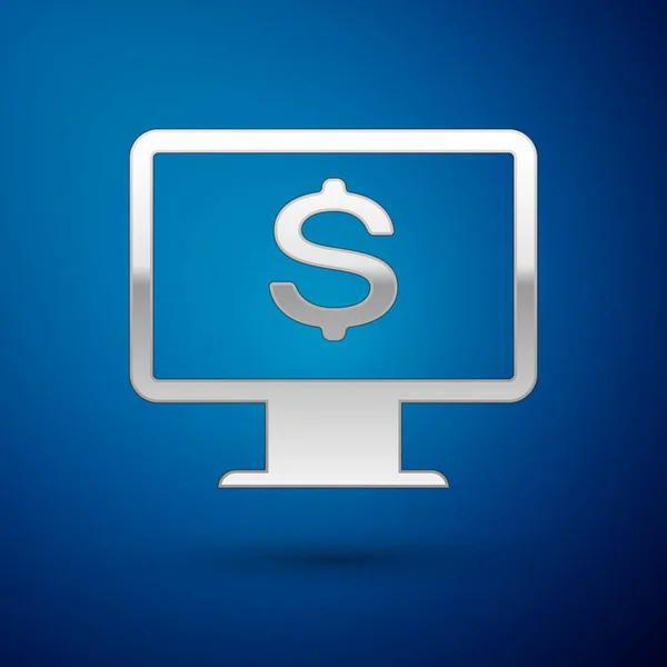Monitor de ordenador plateado con icono de dólar aislado sobre fondo azul. Internet concepto de seguridad financiera, protección de las finanzas en línea. Ilustración vectorial — Archivo Imágenes Vectoriales