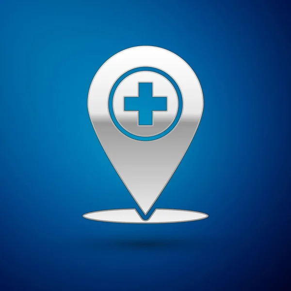 Silver Medical map pointer with cross hospital icon isolated on blue background. Vector Illustration — Stock Vector