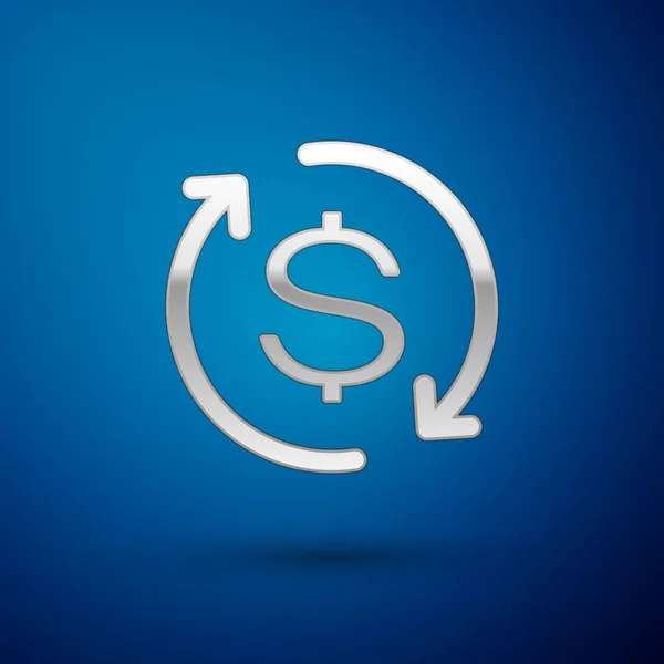 Срібло Повернення значка інвестиції ізольовано на синьому фоні. Піктограма конвертації грошей. Знак повернення коштів. Концепція перетворювача долара. Векторна ілюстрація — стоковий вектор