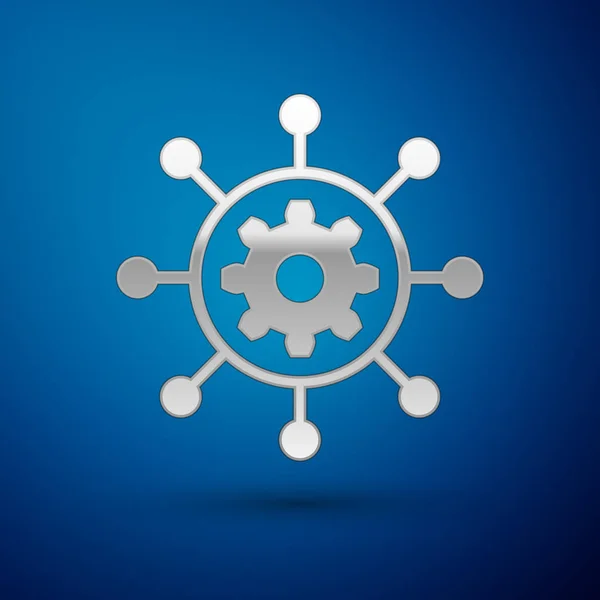 Zilver project management icoon geïsoleerd op blauwe achtergrond. Hub en spaken en Gear Solid icoon. Vector illustratie — Stockvector