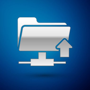 Mavi arka plan üzerinde Gümüş Ftp klasör yükleme simgesi. Yazılım güncelleştirme, transfer protokolü, yönlendirici, takım çalışması araç yönetimi, kopyalama süreci kavramı. Vektör İllüstrasyonu