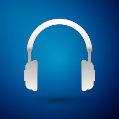 Mavi arka planda yalıtılmış Gümüş Kulaklık simgesi. Kulaklık işareti. Müzik, servis, iletişim ve operatör dinleme için kavram nesnesi. Vektör İllüstrasyonu